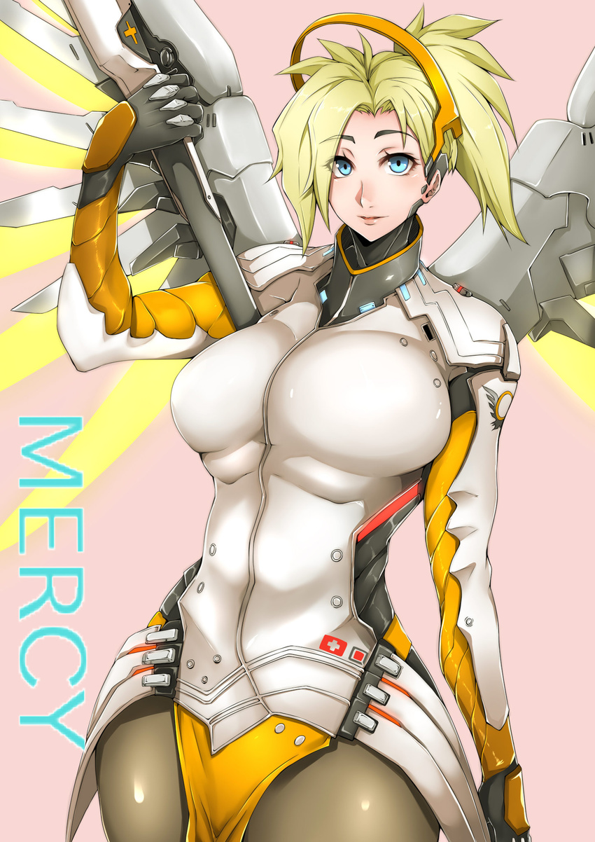 blonde_hair blue_eyes breasts character_name cowboy_shot gggg highres large_breasts lips mechanical_halo mechanical_wings mercy_(overwatch) overwatch pantyhose pink_background short_hair simple_background solo staff wide_hips wings yellow_wings