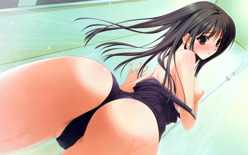 ass black_eyes black_hair blush breasts embarrassed from_below highres long_hair looking_at_viewer medium_breasts migiwa_kazuha nipples shower_head showering solo suzuhira_hiro wet yosuga_no_sora