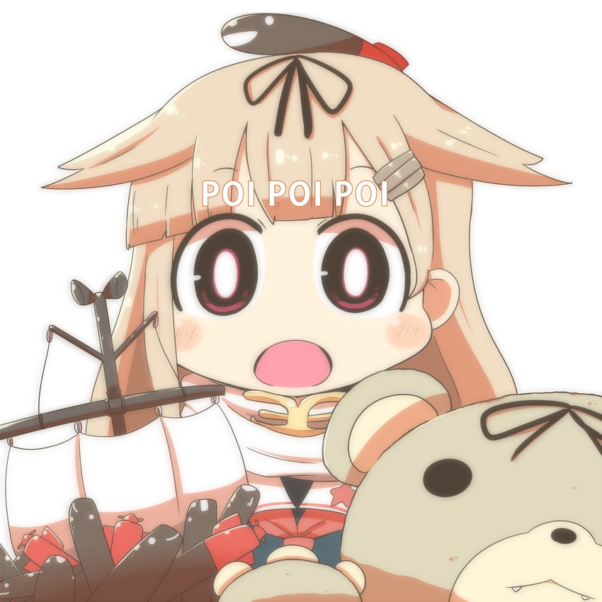 blush_stickers fangs hair_flaps hair_ornament hair_ribbon hairclip highres inishie kantai_collection long_hair looking_at_viewer open_mouth poi red_eyes remodel_(kantai_collection) ribbon solo stuffed_animal stuffed_toy teddy_bear torpedo yuudachi_(kantai_collection)