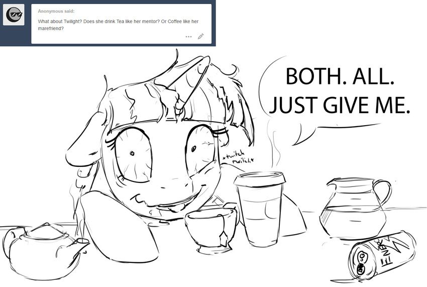 2016 beverage bloodshot_eyes caffeine can coffee dialogue energy_drink english_text equine female food friendship_is_magic hair mammal messy_hair monochrome my_little_pony saliva silfoe steam tea_cup tea_pot text twilight_sparkle_(mlp)