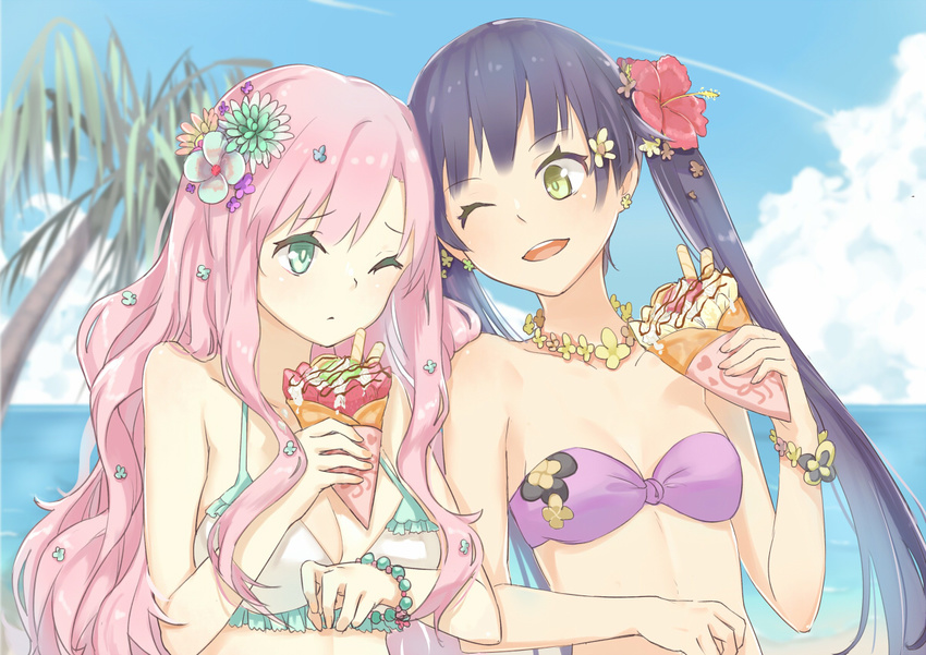 ;&lt; ;d bare_shoulders bikini bikini_top blue_flower blue_sky bracelet breasts cleavage cloud collarbone crepe day earrings eyebrows eyebrows_visible_through_hair flower flower_bracelet flower_earrings flower_necklace food frilled_bikini frills green_eyes hair_flower hair_ornament head_tilt hibiscus holding holding_food jewelry long_hair loobely looking_at_another medium_breasts multiple_girls necklace one_eye_closed open_mouth original palm_tree pink_hair plant purple_bikini purple_bikini_top purple_hair sky small_breasts smile strapless strapless_bikini swimsuit tree twintails upper_body very_long_hair white_bikini white_bikini_top yellow_eyes