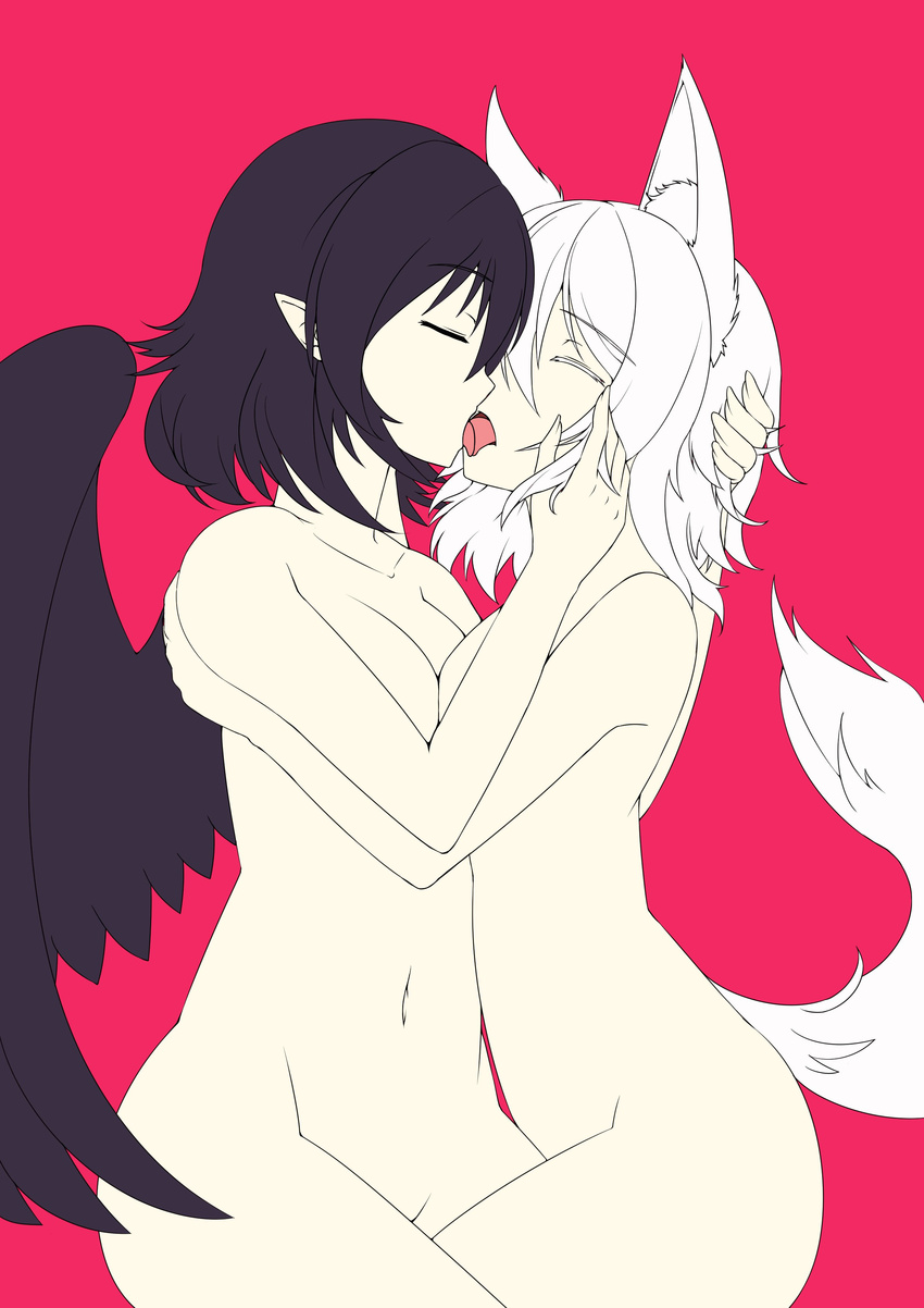 absurdres animal_ears bad_id bad_twitter_id black_hair black_wings breasts closed_eyes collarbone colored_eyelashes convenient_arm convenient_leg couple french_kiss hand_in_another's_hair head_hold highres hug inubashiri_momiji inyuppo kiss magenta_background medium_breasts multiple_girls navel nude out_of_character pointy_ears shameimaru_aya short_hair simple_background stomach tail thighs tongue touhou upper_body white_hair wings wolf_ears wolf_tail yuri