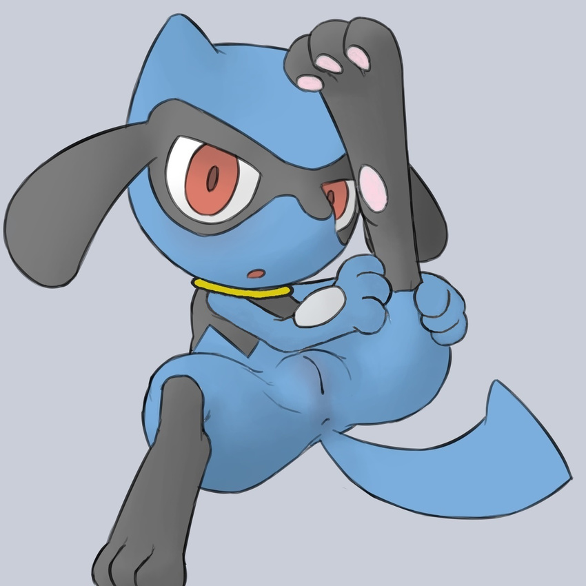 2016 anthro anus blue_fur canine female fur hi_res mammal nintendo pok&eacute;mon pussy riolu simple_background solo spread_legs spreading video_games youjomodoki