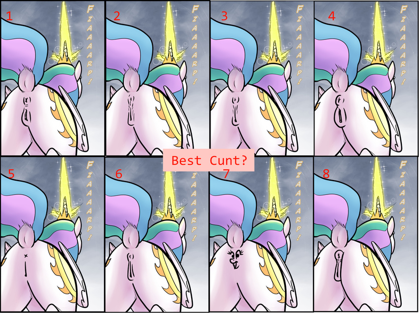 2016 abstract_background animal_genitalia animal_pussy anus butt crown cutie_mark english_text equine equine_pussy feathered_wings feathers female feral friendship_is_magic fur hair horn magic mammal multicolored_hair my_little_pony pencils_(artist) princess_celestia_(mlp) pussy solo text white_feathers white_fur winged_unicorn wings