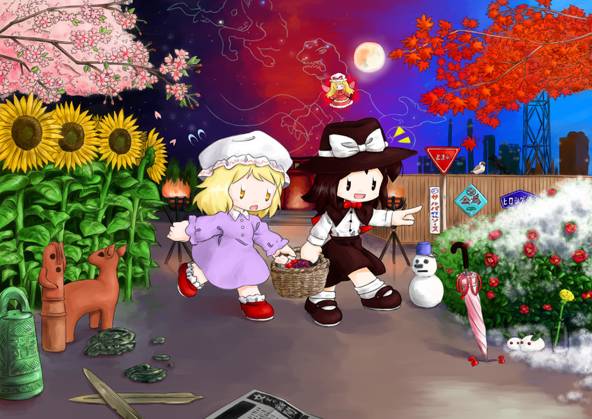 :d autumn_leaves basket bird blade blonde_hair bottle bow bowtie brazier broken brown_eyes brown_footwear brown_hair brown_hat brown_skirt bull bush capelet carrying cherry_blossoms chibi city city_lights cityscape closed_umbrella constellation crow dress eoh-nanbei eurasian_tree_sparrow fairy fairy_wings feathers fence flower flying_sweatdrops friends full_moon gap haniwa_(statue) hat hat_bow jar leaf long_hair long_sleeves maple_leaf maple_tree maribel_hearn mob_cap moon multiple_girls newspaper night night_sky open_mouth pointing purple_dress raven_(animal) red_dress red_footwear red_moon road_sign rose_bush shiny shiny_hair shirt shoes sign skirt sky smile snow snow_bunny snowman sparrow stairs star_(sky) starry_sky sunflower torii touhou tree umbrella usami_renko white_bow white_hat white_legwear white_shirt wings yellow_eyes yellow_flower