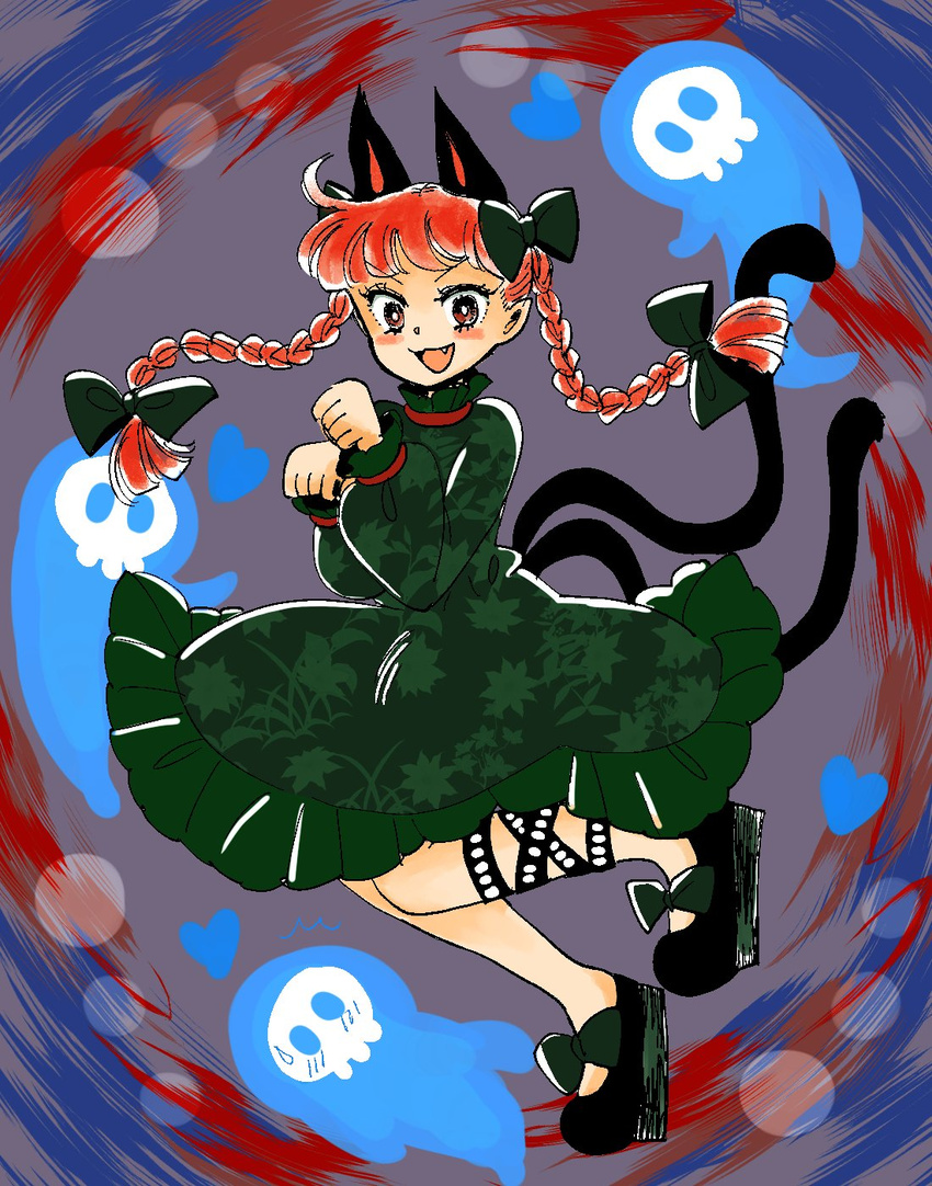 animal_ears black_bow blush bow braid cat_ears cat_tail cross-laced_legwear dress fangs full_body green_dress hair_bow hair_ribbon heart highres hitodama implied_pantyshot kaenbyou_rin komaku_juushoku long_sleeves multiple_tails open_mouth paw_pose puffy_long_sleeves puffy_sleeves red_eyes red_hair ribbon shoe_bow shoes skull smile solo sweatdrop tail touhou tress_ribbon twin_braids two_tails