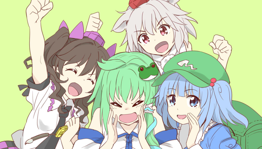 animal_ears arm_up backpack bag bare_shoulders blue_eyes blue_hair bow brown_hair cellphone checkered checkered_skirt closed_eyes commentary_request detached_sleeves frog frog_hair_ornament green_hair hair_bobbles hair_bow hair_ornament hat himekaidou_hatate inubashiri_momiji kawashiro_nitori kochiya_sanae long_hair multiple_girls necktie nibi open_mouth phone pointy_ears pom_pom_(clothes) red_eyes short_hair short_sleeves silver_hair simple_background skirt snake snake_hair_ornament the_rolling_girls tokin_hat touhou twintails two_side_up white_hair wolf_ears