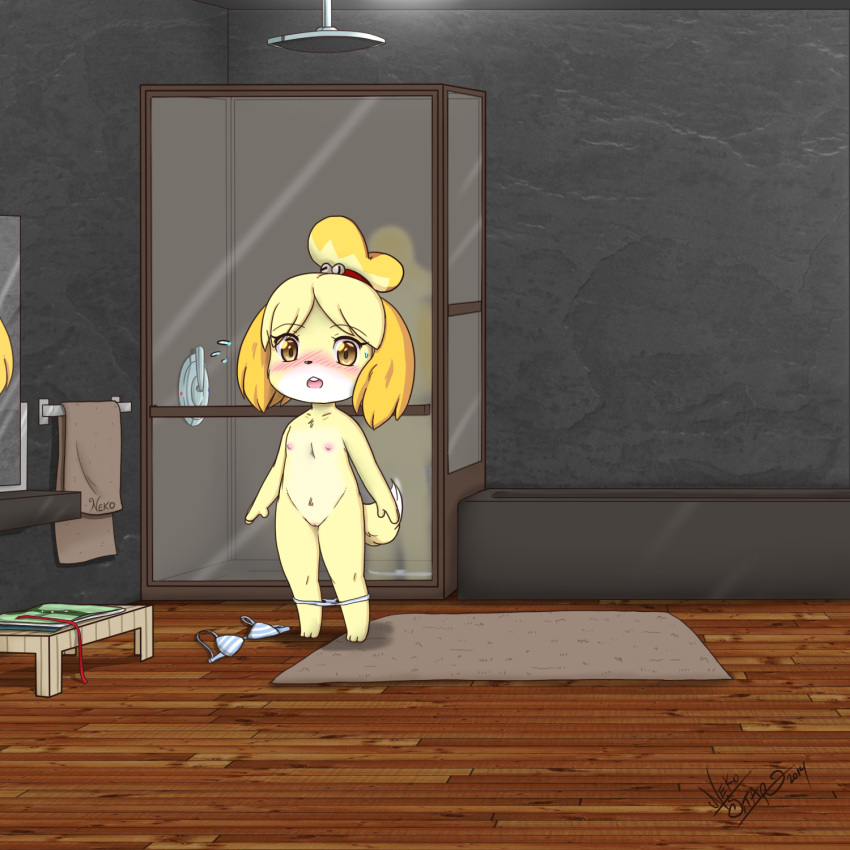 2014 3_toes animal_crossing anthro barefoot black_nose blonde_hair blush bra canine clothed clothing cub dog female flat_chested fur hair hi_res inside isabelle_(animal_crossing) mammal nekostar nintendo nipples open_mouth panties pussy shih_tzu shower solo standing teeth text toes tongue topless towel underwear video_games yellow_fur young