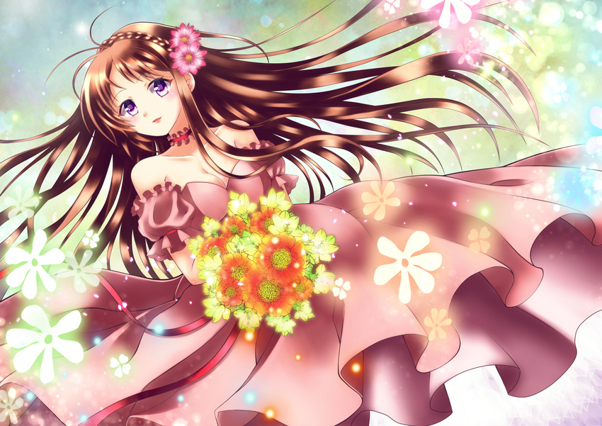 antenna_hair bare_shoulders bouquet braid breasts brown_hair cleavage collar crown_braid dress flower hair_flower hair_ornament holding holding_bouquet linzsan long_dress long_hair makeup medium_breasts off_shoulder original parted_lips purple_eyes red_ribbon ribbon solo