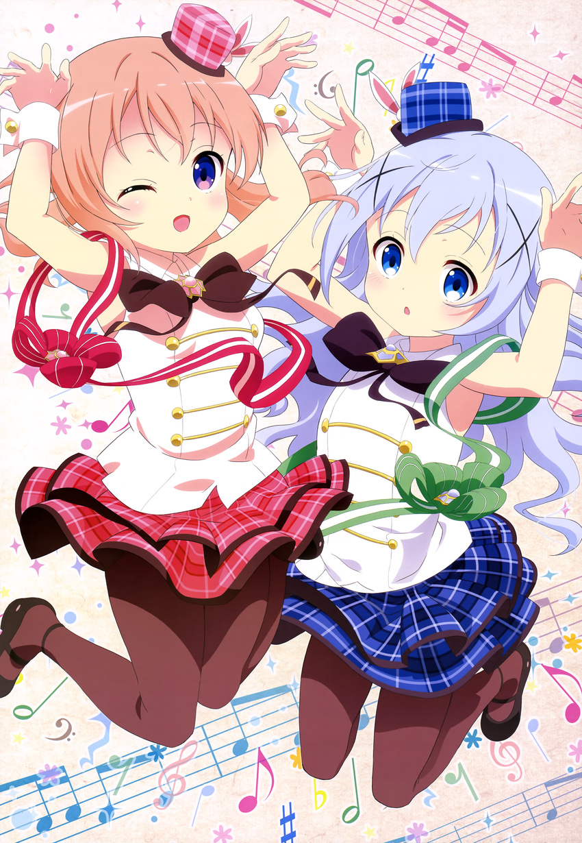 ;d absurdres bass_clef beamed_eighth_notes beamed_sixteenth_notes bunny_pose chestnut_mouth eighth_note eighth_rest eyebrows_visible_through_hair flat_sign gochuumon_wa_usagi_desu_ka? half_note highres hoto_cocoa kafuu_chino mary_janes multiple_girls musical_note official_art one_eye_closed open_mouth pantyhose plaid plaid_hat plaid_skirt quarter_note quarter_rest sharp_sign shoes skirt smile sparkle staff_(music) treble_clef
