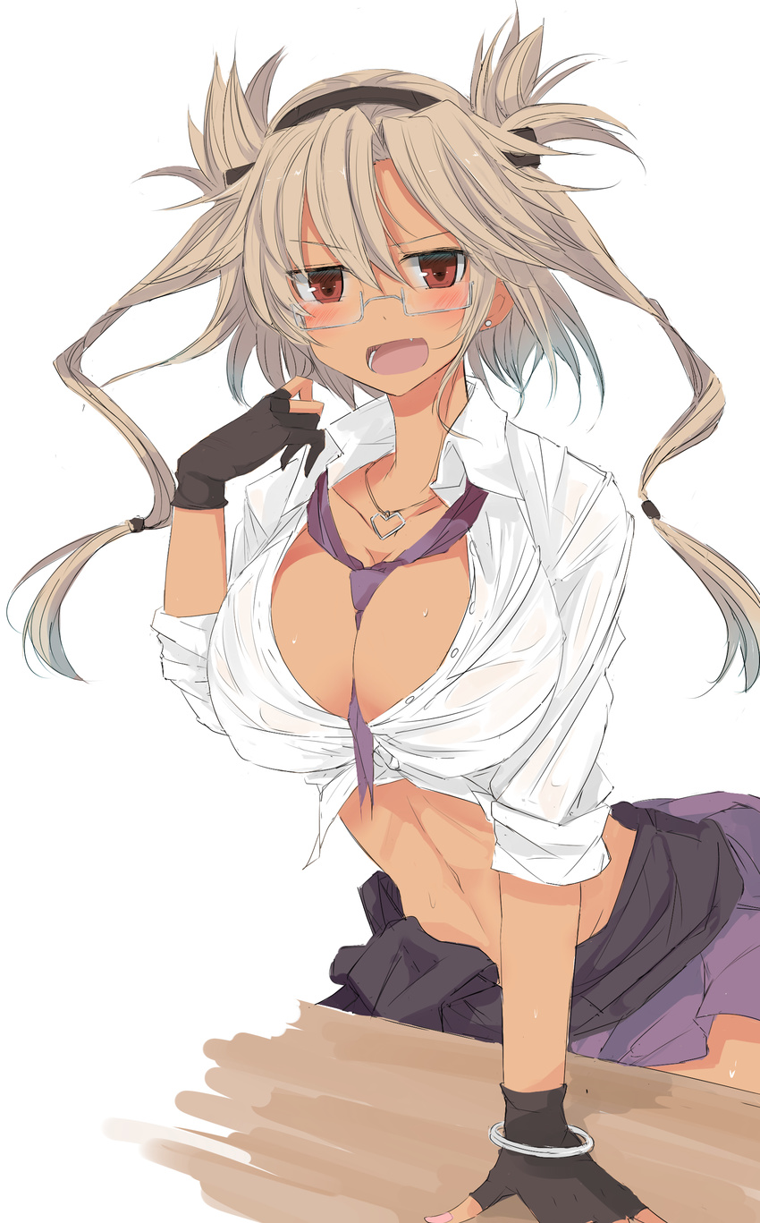 absurdres alternate_costume arm_support between_breasts black_gloves blush breasts brown_eyes cleavage commentary_request cosplay crop_top dark_skin dress_shirt edogawa_nao fang fingerless_gloves glasses gloves hairband heart heart_necklace highres jewelry kantai_collection large_breasts leaning_forward light_brown_hair looking_at_viewer midriff musashi_(kantai_collection) navel necklace necktie no_bra open_mouth pointy_hair purple_neckwear purple_skirt semi-rimless_eyewear shirt short_hair_with_long_locks skirt sleeves_rolled_up solo tenryuu_(kantai_collection) tenryuu_(kantai_collection)_(cosplay) tied_shirt under-rim_eyewear white_background white_shirt