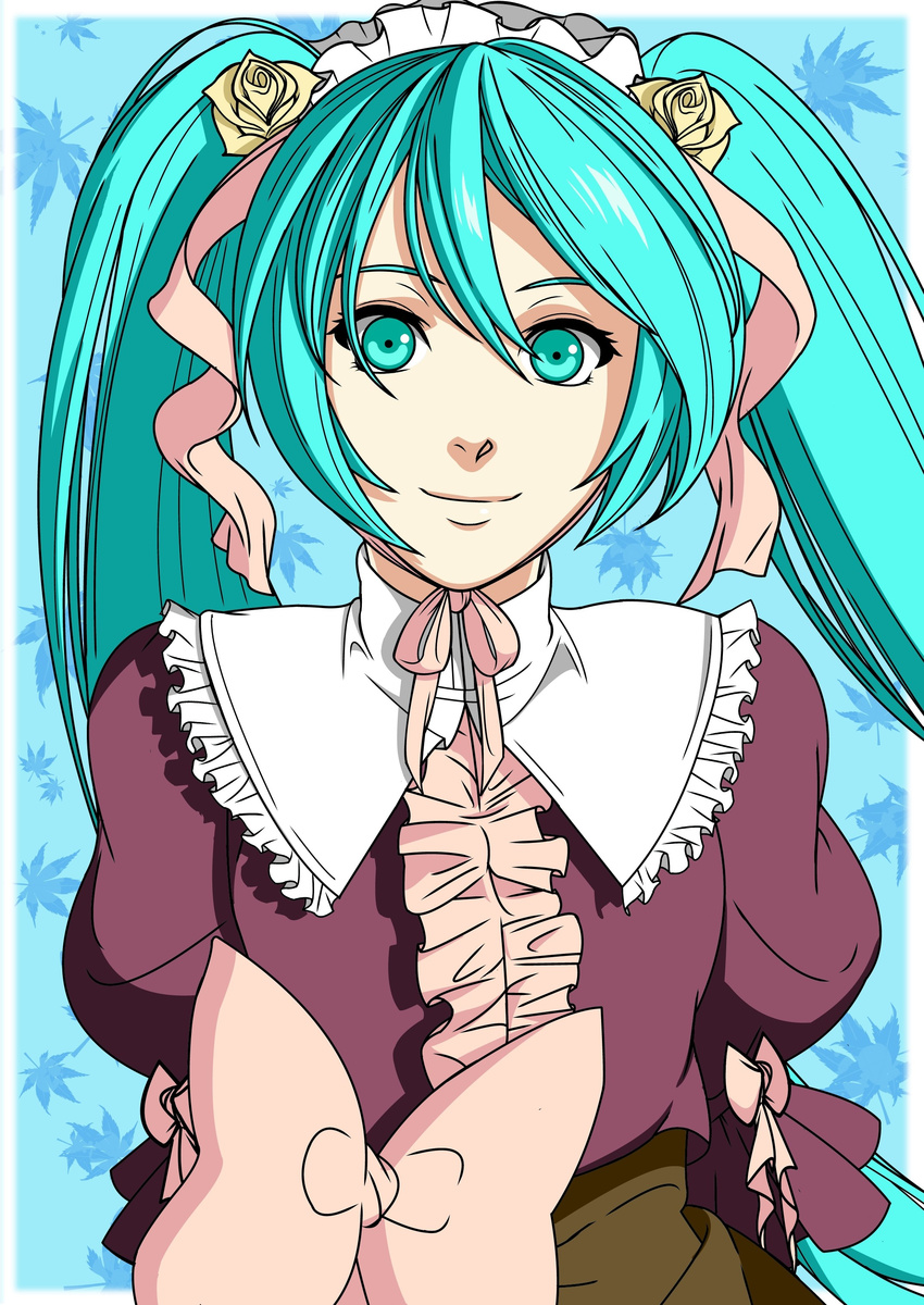 absurdres akutoku_no_judgement_(vocaloid) aqua_eyes aqua_hair arm_behind_back dress evillious_nendaiki flower frilled_dress frills hair_flower hair_ornament hair_ribbon hairband hatsune_miku highres lolita_fashion lolita_hairband long_hair michelle_marlon nemesis_no_juukou_(vocaloid) ribbon smile solo tokudaiji twintails victorian vocaloid