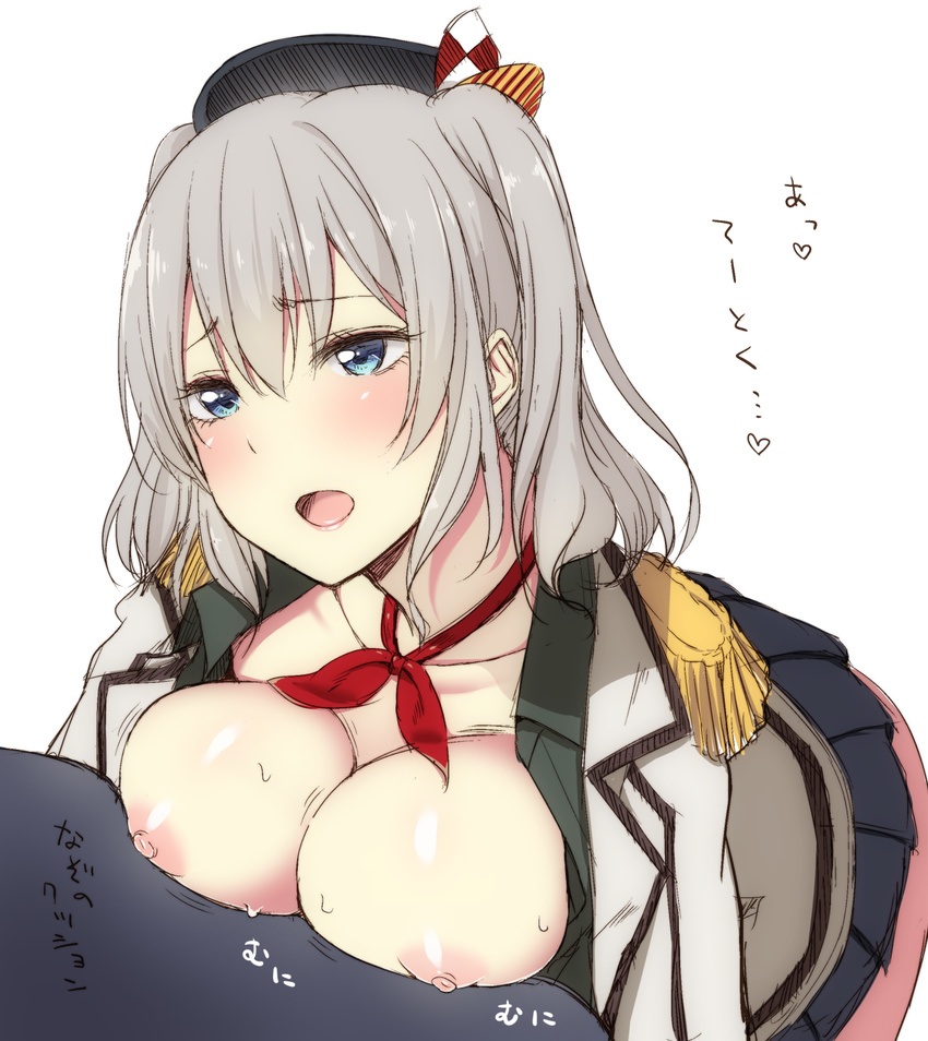 akashi_rokurou blue_eyes blush breasts commentary_request epaulettes hat highres jacket kantai_collection kashima_(kantai_collection) large_breasts lipstick looking_at_another makeup military military_uniform nipples open_clothes open_mouth open_shirt pleated_skirt ribbon shirt simple_background skirt solo_focus sweat translated two_side_up uniform white_background white_hair
