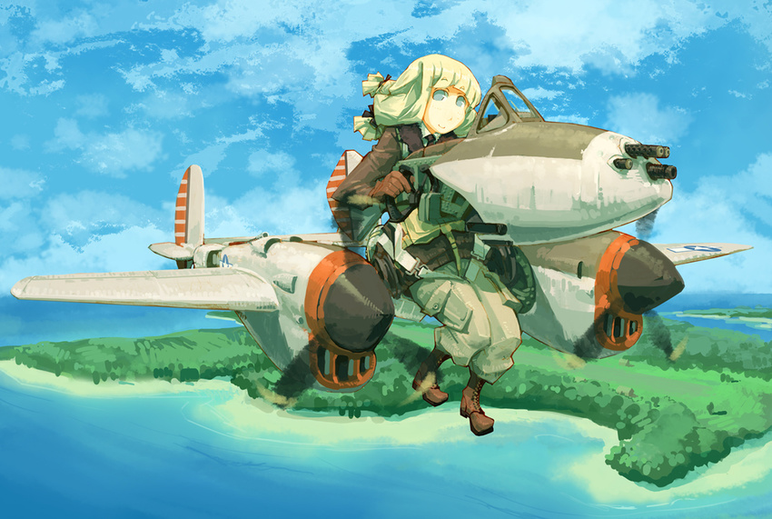 aircraft airplane aqua_eyes asterisk_kome cloud cockpit day flying gloves green_hair island military military_uniform original p-38_lightning_(personification) personification propeller sky solo uniform