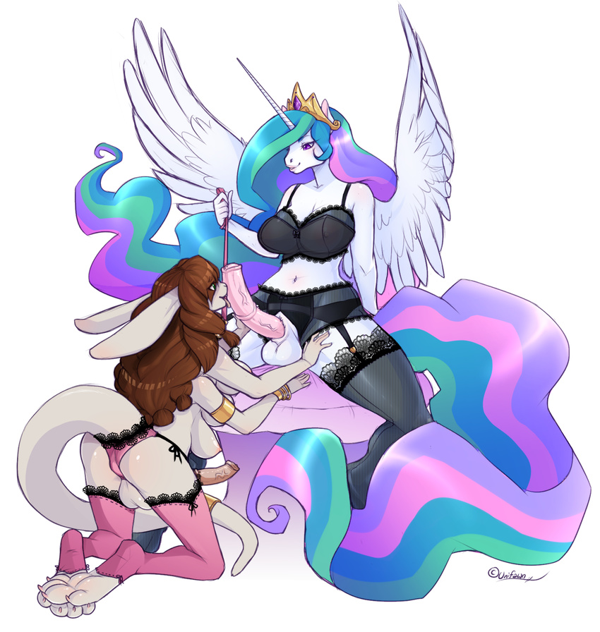 2016 4_arms 6_breasts alpha_channel animal_genitalia animal_penis anthro anthrofied areola balls big_breasts breasts brown_hair claws clothed clothing dickgirl dickgirl/dickgirl duo equine equine_penis erection feathered_wings feathers friendship_is_magic green_eyes hair hi_res horn intersex intersex/intersex kneeling lagomorph leash legwear licking lingerie long_hair loren_ipsun mammal multi_arm multi_breast multi_limb multicolored_hair my_little_pony navel nipples oral penis penis_lick petplay princess_celestia_(mlp) purple_eyes rabbit roleplay sex simple_background sitting spread_wings toe_claws tongue tongue_out transparent_background unifawn vein winged_unicorn wings