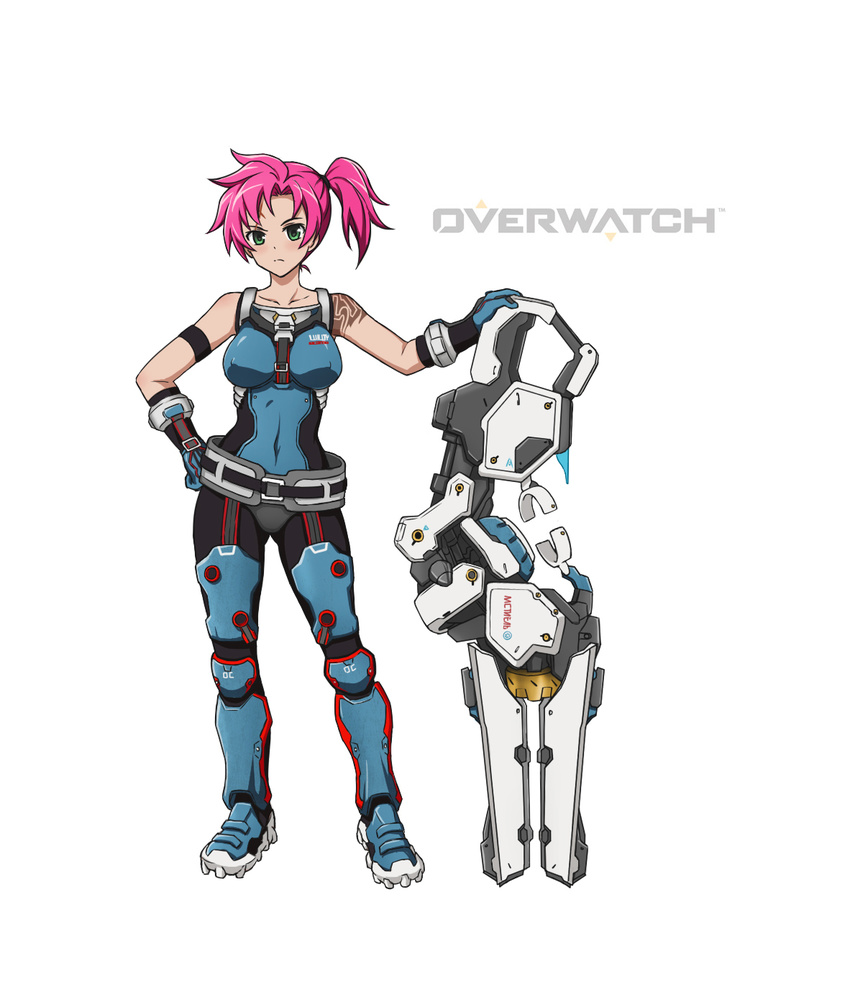 an-bl armband bare_shoulders belt blush bodysuit breasts collarbone commentary copyright_name covered_navel covered_nipples full_body gauntlets gloves hand_on_hip highres large_breasts looking_at_viewer md5_mismatch overwatch pink_hair power_armor power_suit short_hair side_ponytail simple_background skin_tight solo standing tattoo teenage white_background younger zarya_(overwatch)