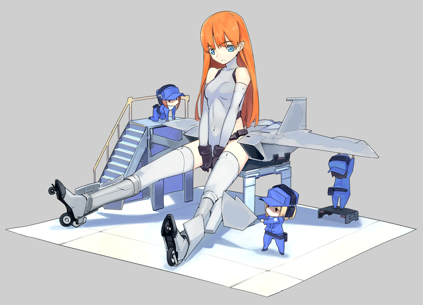 bare_shoulders blue_eyes elbow_gloves f-15_eagle gloves grey_background hat headphones highres jean_popo long_hair mecha_musume original personification red_hair roller_shoes shoes size_difference stairs wings