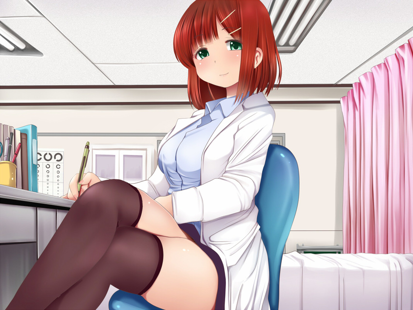bed black_legwear blue_shirt breasts chair coat collared_shirt commentary_request crossed_legs curtains desk eye_chart green_eyes hair_ornament hairclip hospital_bed infirmary kozue_akari labcoat landolt_c large_breasts legs long_sleeves looking_at_viewer miniskirt office_chair open_clothes open_coat original pen red_hair school_nurse shirt short_hair sitting skirt smile solo thighhighs thighs zettai_ryouiki