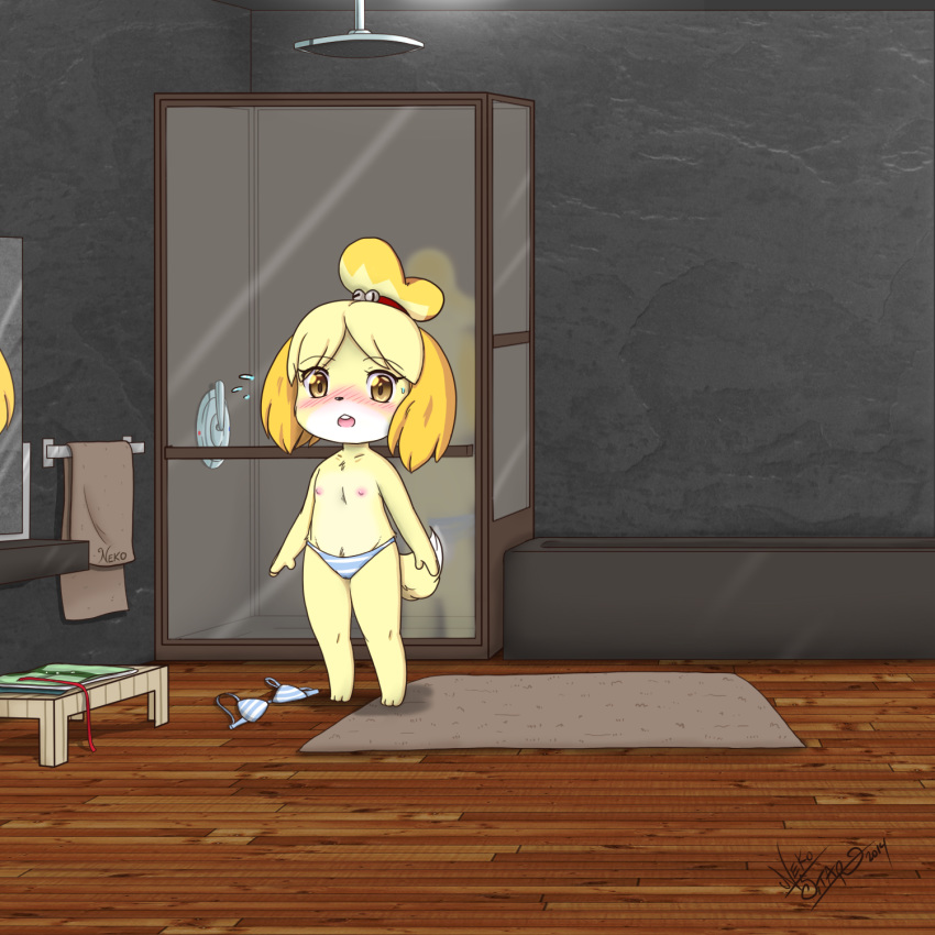 2014 3_toes animal_crossing anthro barefoot black_nose blonde_hair blush bra canine clothed clothing cub dog female flat_chested fur hair hi_res inside isabelle_(animal_crossing) mammal nekostar nintendo nipples open_mouth panties shih_tzu shower solo standing teeth text toes tongue topless towel underwear video_games yellow_fur young