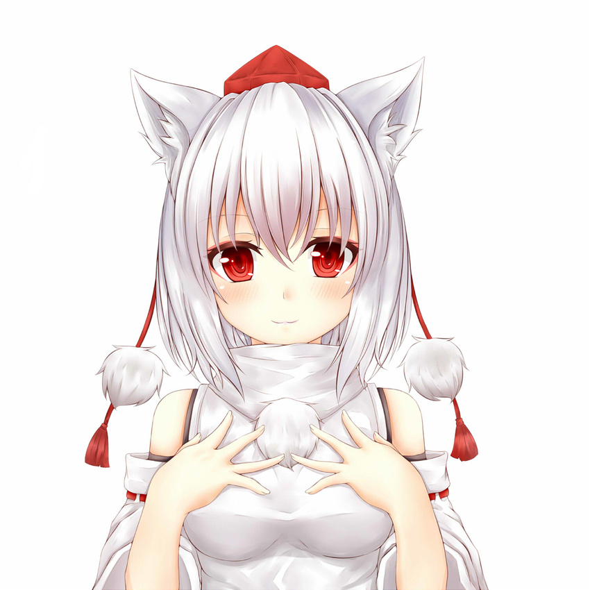 animal_ears banned_artist blush breasts detached_sleeves hat highres inubashiri_momiji looking_at_viewer medium_breasts oohirakeisuke red_eyes short_hair simple_background smile solo tokin_hat touhou upper_body white_background wolf_ears