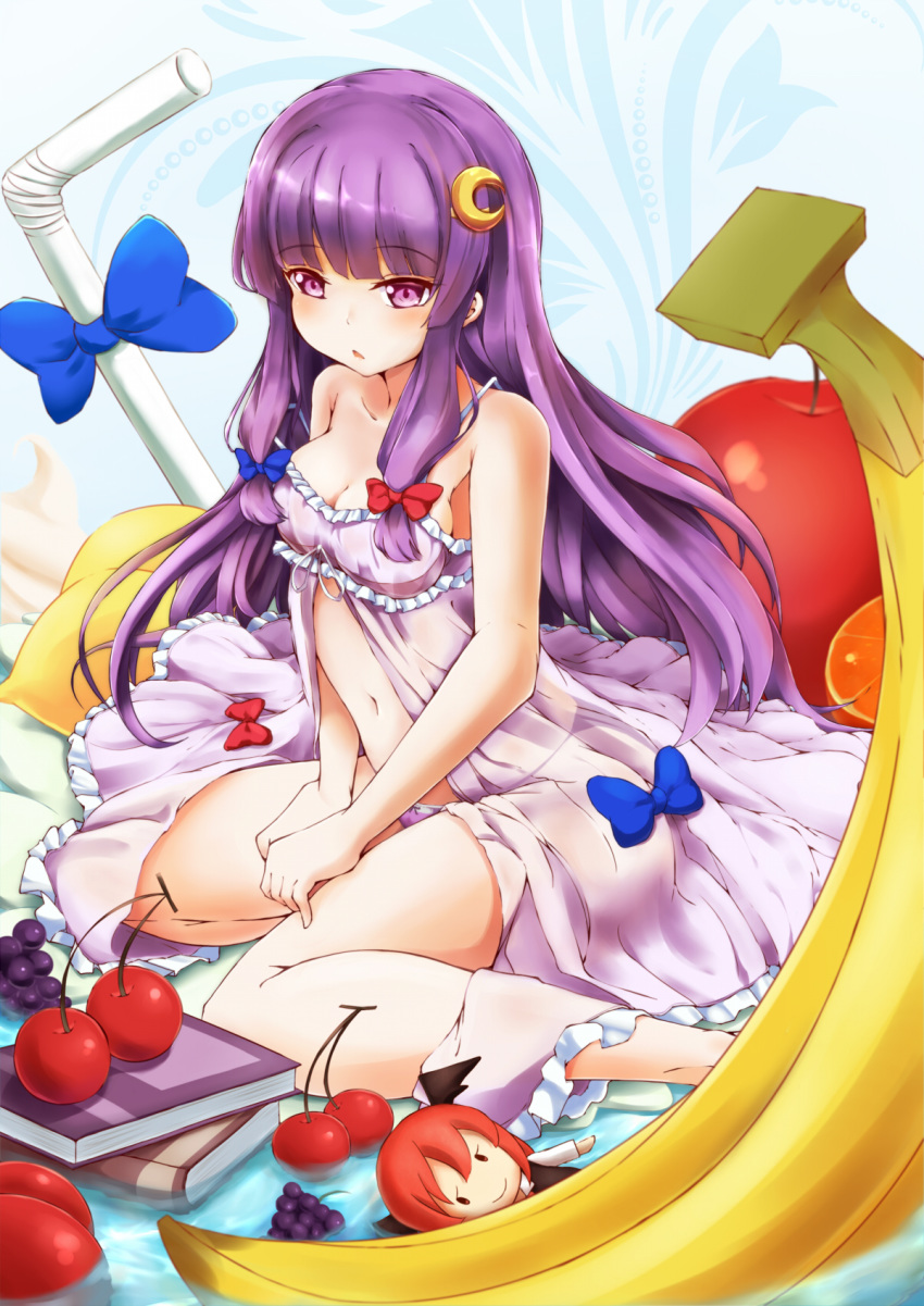 1girl banana bangs bare_arms bare_shoulders blue_bow blunt_bangs book bow bow_removed breasts character_doll cherry cleavage cream crescent crescent_hair_ornament drinking_straw eyebrows_visible_through_hair food fruit grapes hair_bow hair_bow_removed hair_ornament highres koakuma lingerie long_hair medium_breasts navel negligee orange panties patchouli_knowledge purple_eyes purple_hair purple_panties red_bow red_hair rin_(ashleyy) solo spaghetti_strap strap_gap strap_slip touhou underwear very_long_hair water