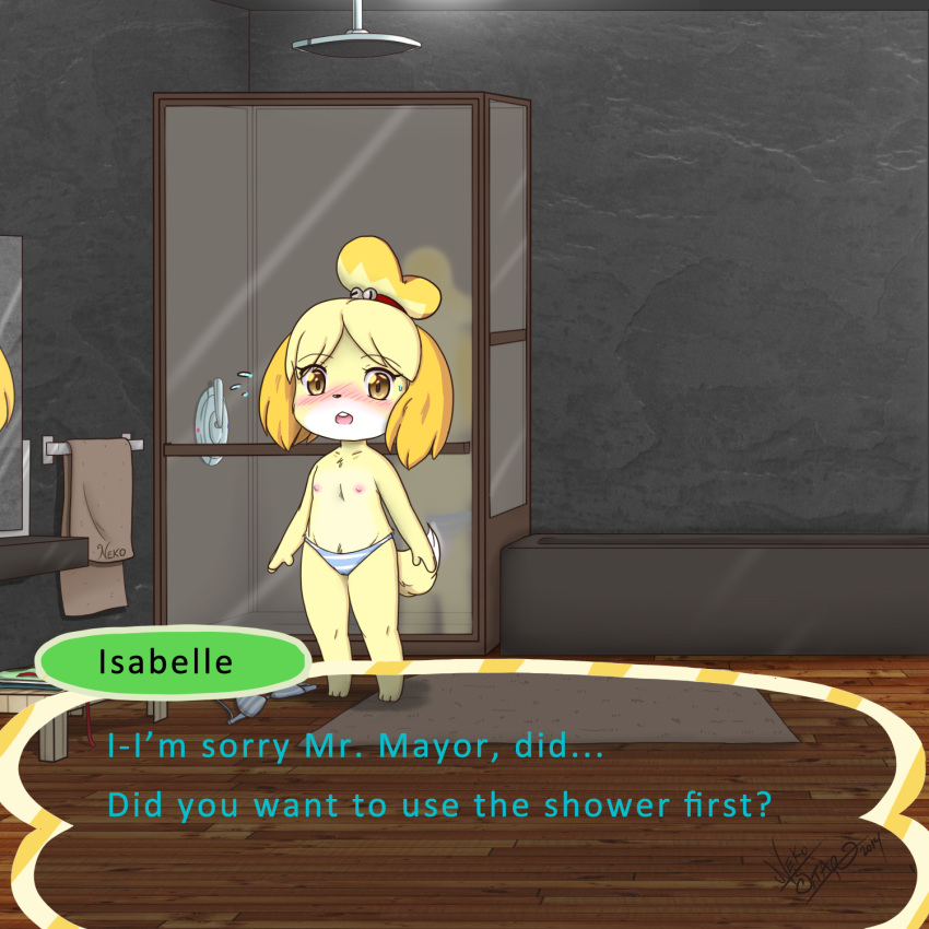 2014 3_toes animal_crossing anthro barefoot black_nose blonde_hair blush bra canine clothed clothing cub dog english_text female flat_chested fur hair hi_res inside isabelle_(animal_crossing) mammal nekostar nintendo nipples open_mouth panties shih_tzu shower solo standing teeth text toes tongue topless towel underwear video_games yellow_fur young