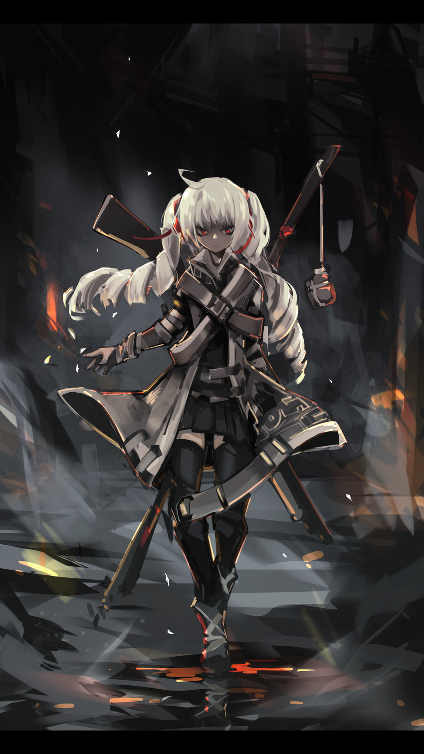 absurdres ahoge ankle_boots black_legwear boots commentary_request deel_(rkeg) drill_hair frown full_body gun hair_ribbon highres jacket letterboxed long_hair matches original pleated_skirt red_eyes ribbon rifle skirt solo thighhighs twin_drills walking weapon white_hair zettai_ryouiki