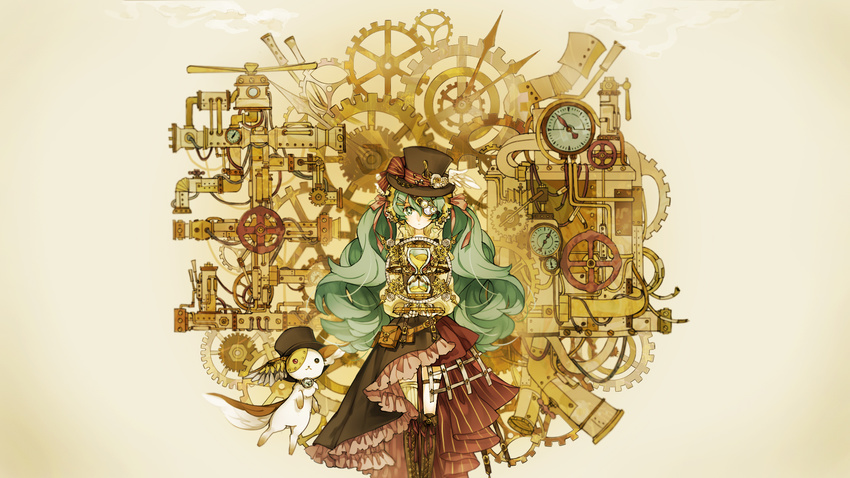animal aqua_eyes aqua_hair black_skirt boots brown_footwear cross-laced_footwear gears hat hatsune_miku highres holster hourglass knee_boots long_hair looking_at_viewer marchen_noir red_ribbon ribbon shirt single_wing skirt steampunk top_hat treble_clef twintails very_long_hair vocaloid wallpaper white_wings wings yellow_shirt