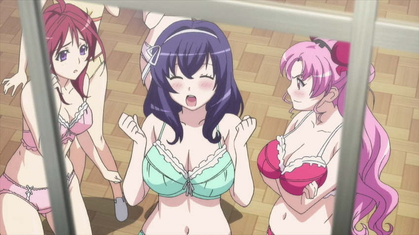 animated_gif bounce bouncing_breasts bra breast_envy breasts cleavage hoods_entertainment katsuragi_hana large_breasts mitarai_fumika multiple_girls oribe_mafuyu pink_hair red_hair seikon_no_qwaser smile talking tsujidou_miyuri underwear yamanobe_tomo