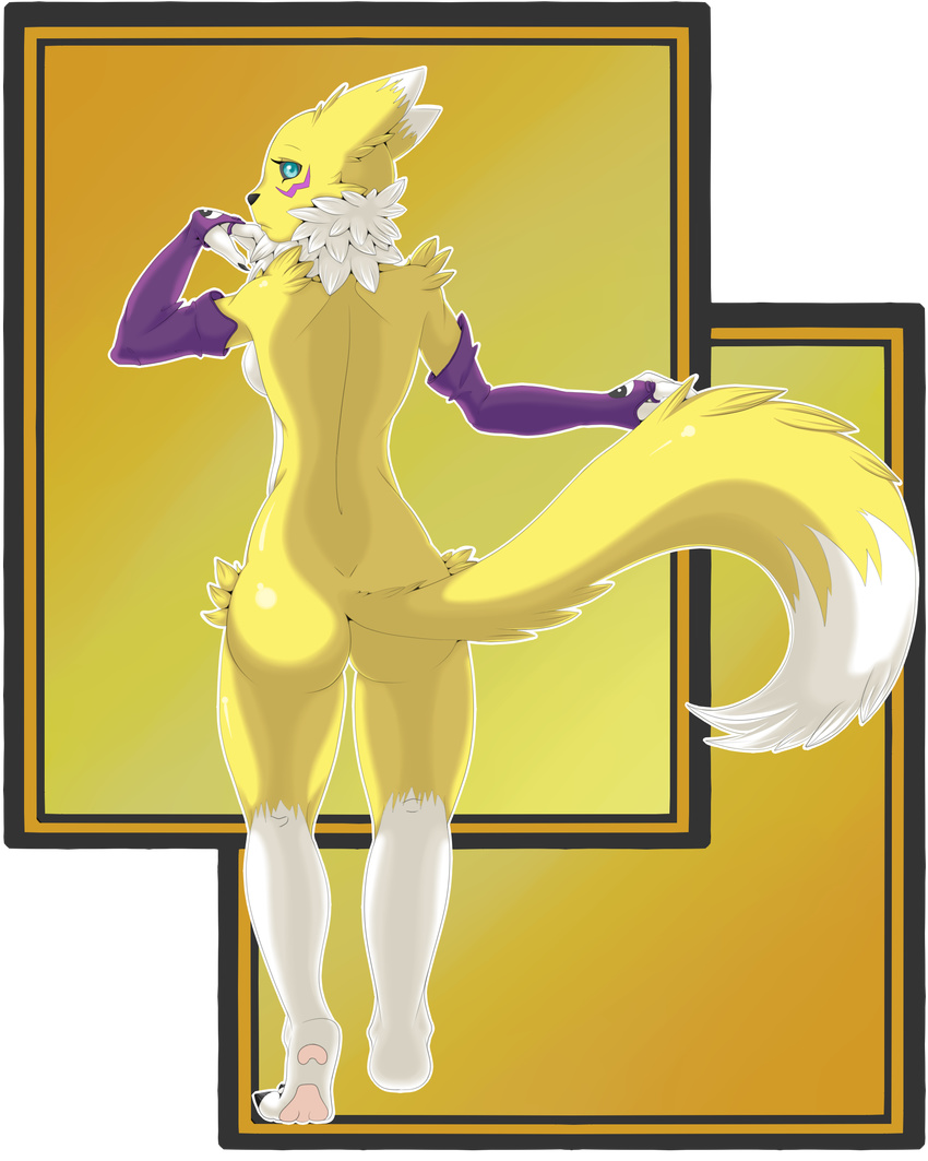 abstract_background alpha_channel anthro blue_eyes breasts butt digimon facial_markings female markings mochaconcoctions nude renamon side_boob solo