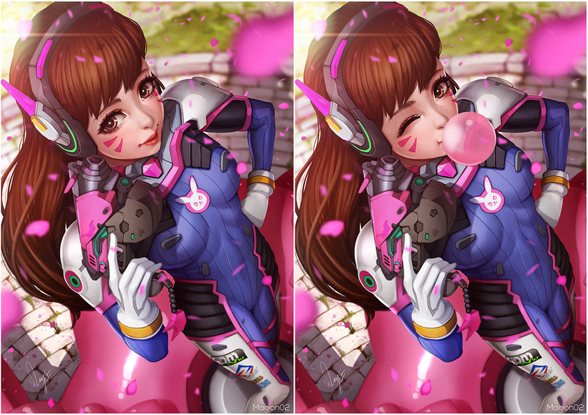 ;) artist_name bodysuit bubble_blowing chewing_gum comparison d.va_(overwatch) facial_tattoo looking_at_viewer magion02 mecha meka_(overwatch) multiple_views one_eye_closed overwatch pilot_suit signature smile tattoo whisker_markings