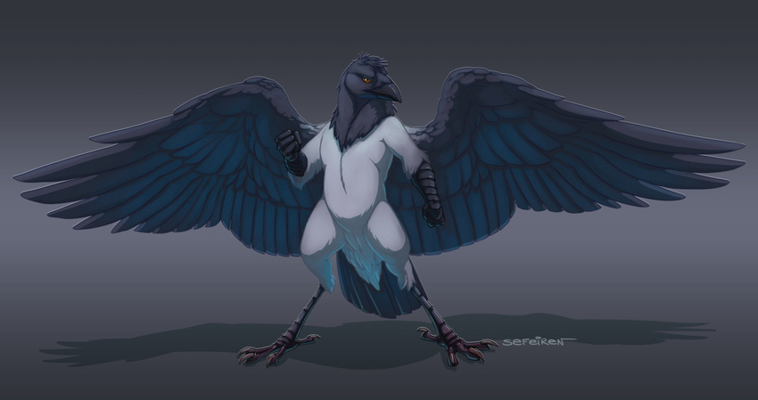 2016 abstract_background anthro avian beak bird brown_eyes claws conditional_dnp corvid digital_media_(artwork) feathers grey_feathers hindpaw jackrow male nude paws scales sefeiren solo standing wings