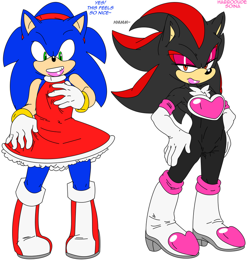 2016 anthro clothed clothing crossdressing duo english_text habbodude hedgehog male mammal shadow_the_hedgehog soina sonic_(series) sonic_the_hedgehog text