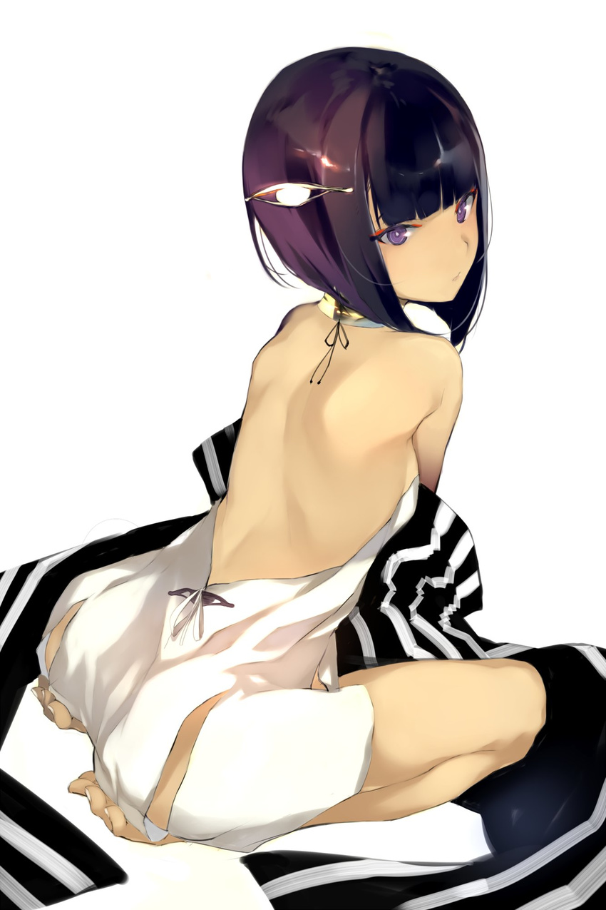 back bangs bare_back bare_shoulders barefoot blunt_bangs bob_cut dress from_behind hair_ornament highres leaning_forward looking_back original plantar_flexion purple_eyes purple_hair seiza short_hair shunsei_(muratou) simple_background sitting solo strapless strapless_dress striped toes vertical_stripes white_background