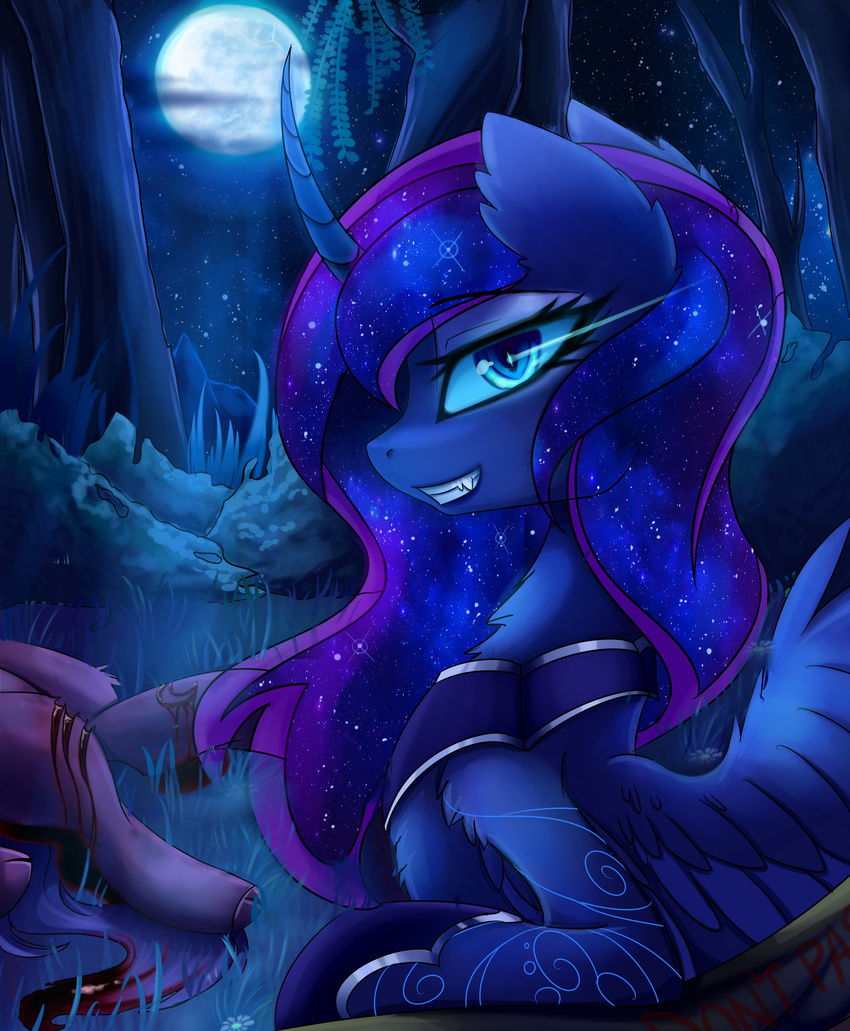 2016 blood blue_eyes blue_feathers blue_fur blue_hair corpse death equine feathered_wings feathers female feral forest friendship_is_magic fur hair hi_res horn insane jewelry landscape looking_at_viewer lyra-senpai mammal moon my_little_pony nature necklace night outside plant princess_luna_(mlp) sky smile solo star tree winged_unicorn wings