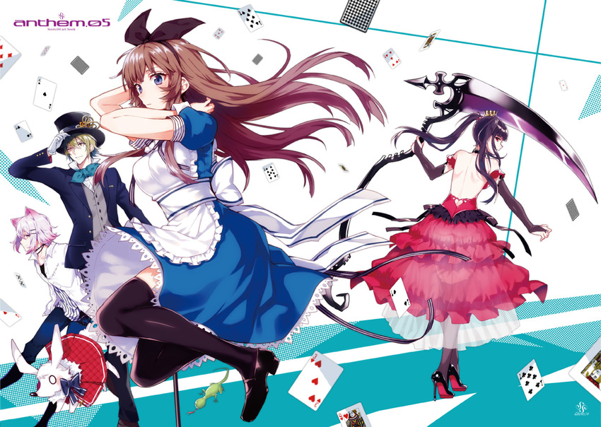 2girls adjusting_clothes adjusting_hat alice_(wonderland) alice_in_wonderland animal_ears apron arisaka_ako back black_footwear black_hat black_legwear black_ribbon blue_dress bow bridal_gauntlets card cat_ears cheshire_cat commentary_request crown dress formal full_body gecko gloves hair_ribbon hat high_heels loafers looking_at_viewer mad_hatter maid_apron multiple_boys multiple_girls original over-kneehighs playing_card puffy_short_sleeves puffy_sleeves queen_of_hearts red_dress ribbon sash scythe shoes short_sleeves smile suit thighhighs white_gloves white_rabbit