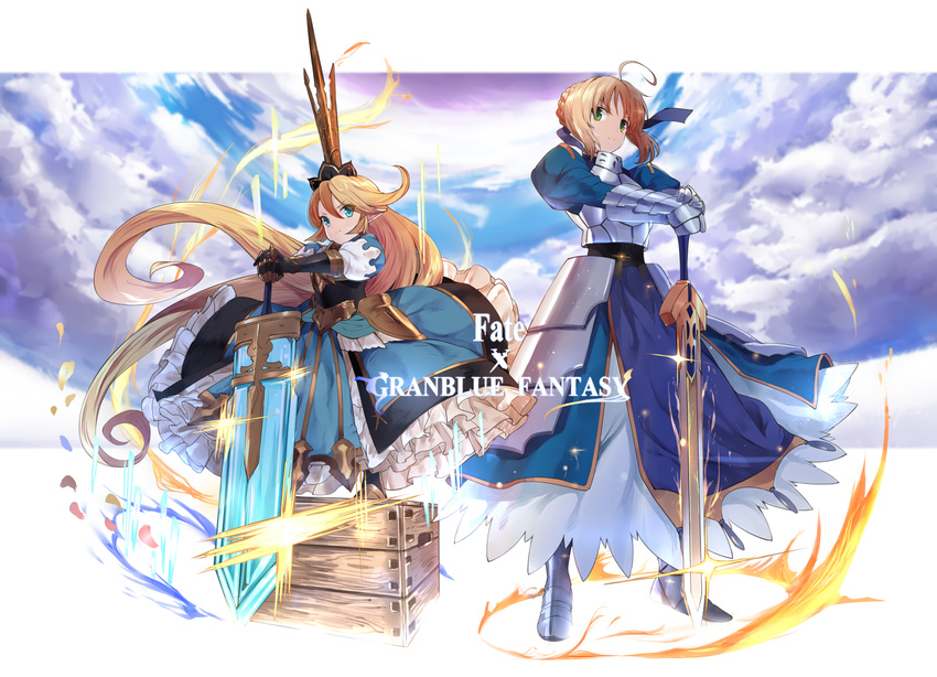 ahoge armor armored_boots armored_dress artoria_pendragon_(all) bangs blonde_hair blue_dress blue_eyes blue_ribbon blue_sky boots box braid breastplate charlotta_fenia closed_mouth cloud copyright_name crossover crown dress dress_lift excalibur eyebrows eyebrows_visible_through_hair fate/stay_night fate_(series) faulds fire floating_hair frilled_dress frills frown full_body gauntlets granblue_fantasy green_eyes hair_between_eyes hair_ribbon harvin height_difference holding holding_sword holding_weapon juliet_sleeves legs_apart lens_flare light_frown long_hair long_sleeves multiple_girls on_box own_hands_together pointy_ears puffy_short_sleeves puffy_sleeves ribbon saber short_sleeves sidelocks sky standing standing_on_object sword touzai_(poppin_phl95) very_long_hair weapon wind wind_lift