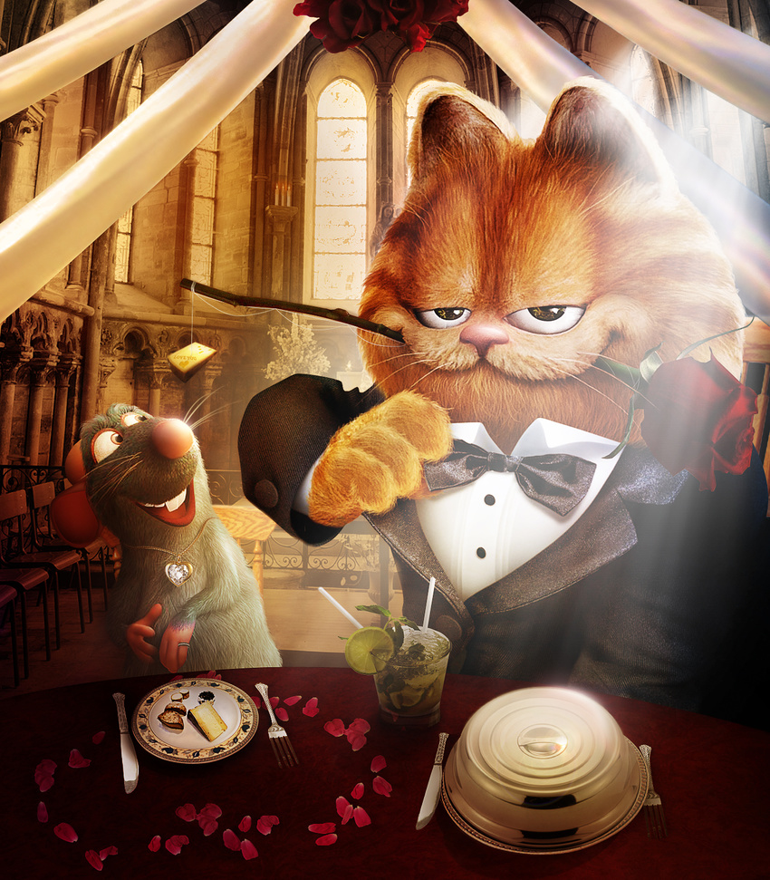 2010 anthro belez cat cheese clothed clothing crossover detailed_background duo english_text feline flower_in_mouth food garfield garfield_(series) inside jewelry male mammal necklace rat ratatouille remy rodent romantic size_difference text tuxedo warm_colors