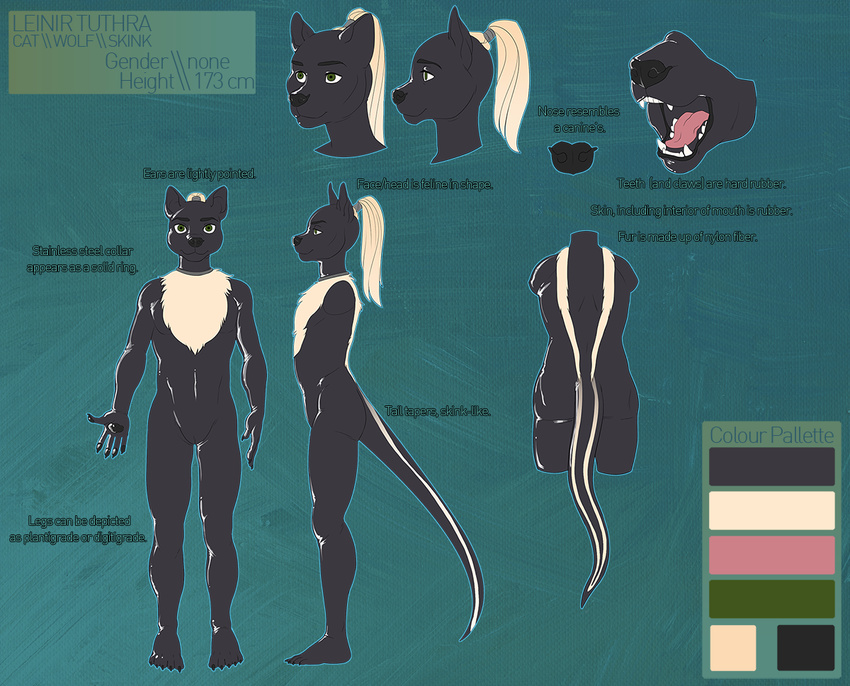 ambiguous_gender animal_genitalia anthro canine cat cloaca dicelion feline hybrid leinir lizard mammal ponytail reptile rubber scalie simple_background skink slit stripes wolf