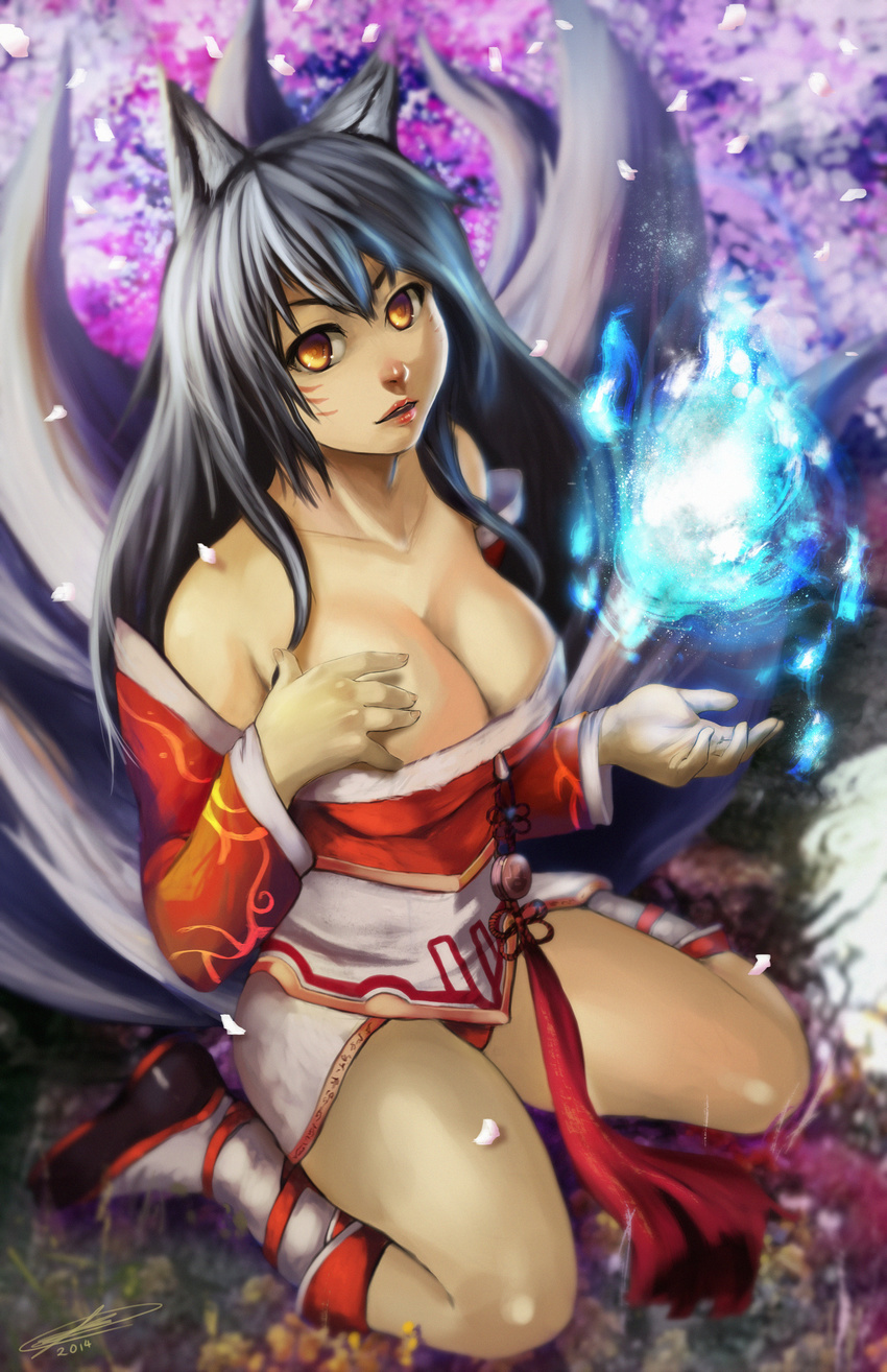 2014 abstract_background absurd_res ahri_(lol) amber_eyes animal_humanoid big_breasts breasts canine cleavage clothed clothing dress female fox fox_humanoid grey_hair hair hand_on_breast hi_res humanoid kneeling knighthead league_of_legends looking_at_viewer magic mammal multi_tail open_mouth solo video_games