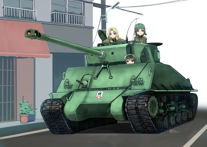 arm_support artist_name blonde_hair blue_eyes brown_eyes brown_hair city commentary dated emblem extra girls_und_panzer goggles ground_vehicle hatch highres kay_(girls_und_panzer) long_hair m4_sherman military military_uniform military_vehicle motor_vehicle multiple_girls plant potted_plant power_lines road saunders_(emblem) saunders_military_uniform signature smile street tank telephone_pole tokihama_jirou uniform