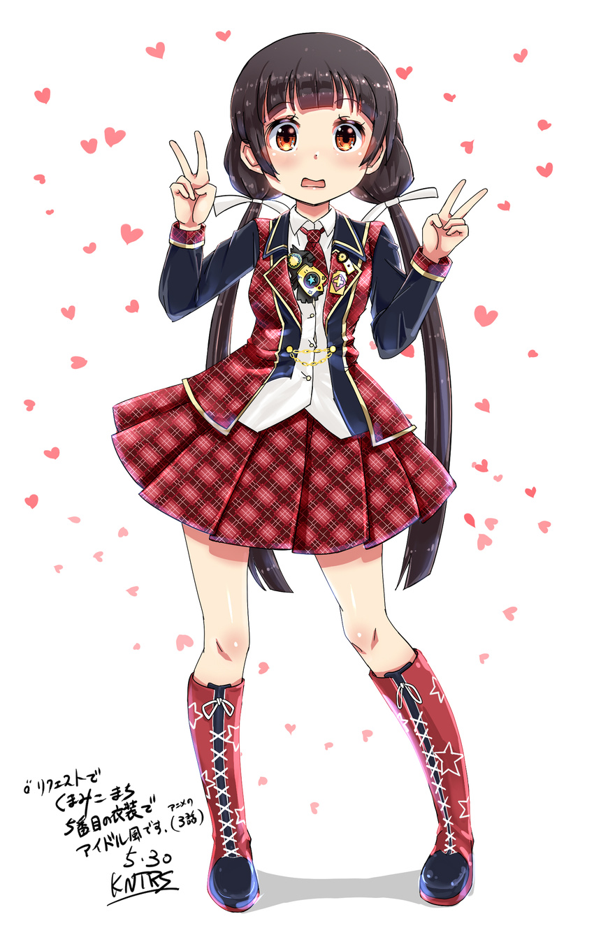 absurdres akb48 amayadori_machi bangs black_hair blunt_bangs blush boots brown_eyes commentary_request double_v hair_ribbon heart highres knee_boots kntrs_(knyrs) kumamiko long_hair long_sleeves looking_at_viewer low_twintails necktie open_mouth plaid plaid_neckwear plaid_skirt plaid_vest ribbon skirt solo translation_request twintails v vest
