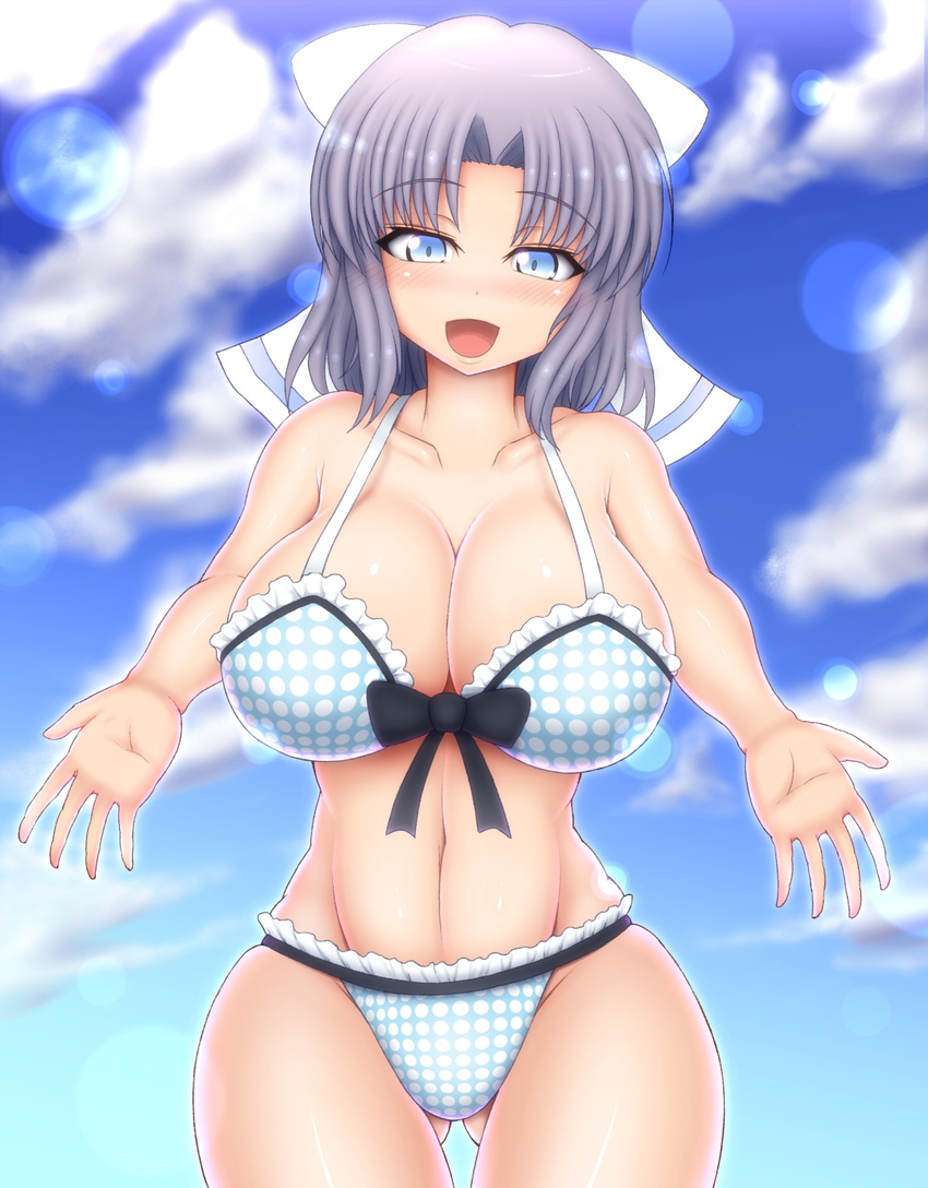 blue_eyes blush breasts cleavage curvy grey_hair hair_ribbon large_breasts looking_at_viewer open_mouth ponpo senran_kagura smile solo standing swimsuit wide_hips yumi_(senran_kagura)