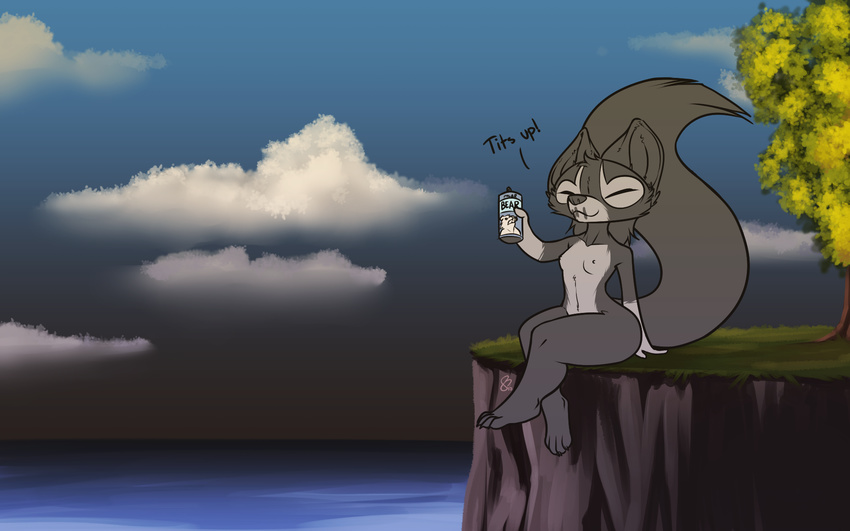 alcohol beer_can beverage breasts canine cliff cloud eyes_closed female feretta food fox grass hi_res mammal nude outside sea silver_fox sky smile summer tale_of_tails tree vix_(feretta) water
