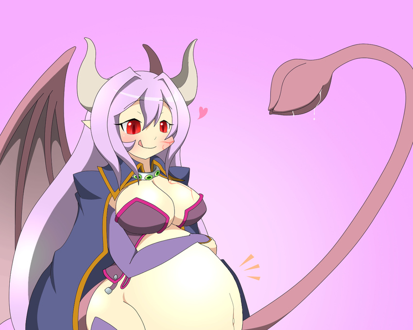 1girl alma_elma areolae bangs blue_eyes blush breasts bulge demon_girl demon_wings female horns inside_creature large_breasts licking_lips long_hair luka_(mon-musu_quest!) mon-musu_quest! open_mouth pointy_ears purple_hair red_eyes smile stomach stomach_bulge succubus tattoo tears tongue tongue_out vore wings
