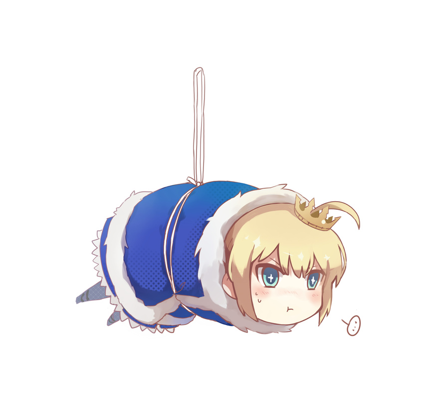 1girl :t ahoge artoria_pendragon_(all) bad_id bad_pixiv_id blonde_hair blue_eyes crown fate/grand_order fate/stay_night fate_(series) futon highres mini_crown ravie saber short_hair simple_background solo spoken_ellipsis white_background