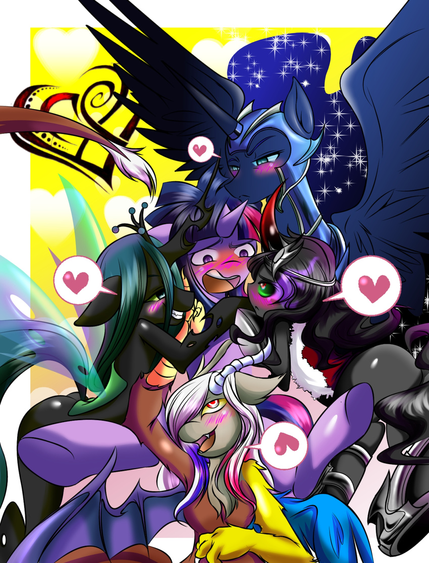 &lt;3 armor blue_eyes blue_hair blush changeling crossgender discord_(mlp) draconequus equine feathered_wings feathers female feral friendship_is_magic green_eyes green_hair hair helmet hi_res horn insect_wings king_sombra_(mlp) long_hair mammal membranous_wings multicolored_hair my_little_pony nightmare_moon_(mlp) purple_eyes queen_chrysalis_(mlp) twilight_sparkle_(mlp) unicorn winged_unicorn wings xxangeluciferxx