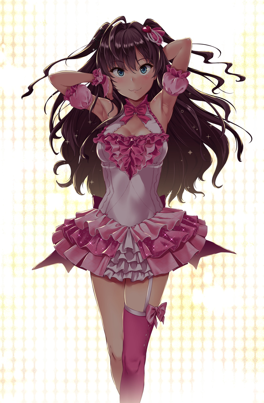 :3 absurdres ahoge armpits arms_up blue_eyes blush breasts brown_hair cleavage cleavage_cutout commentary_request detached_sleeves dress garter_straps hair_ornament highres ichinose_shiki idolmaster idolmaster_cinderella_girls large_breasts long_hair looking_at_viewer nishi_(count2.4) pink_dress pink_legwear puffy_short_sleeves puffy_sleeves short_sleeves single_thighhigh smile solo thighhighs twintails