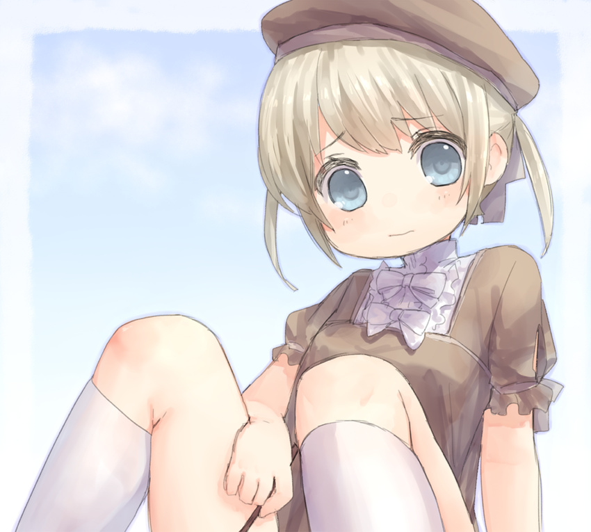 bad_id bad_pixiv_id black_dress blonde_hair blue_eyes blue_sky cloud day dress hat looking_at_viewer original out-of-frame_censoring sawatari_(sado) short_hair sitting sky solo twintails