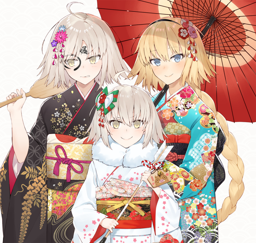 &gt;:) 3girls ahoge arrow bangs bell black_kimono blonde_hair blue_eyes blue_flower blue_kimono bow braid brown_eyes closed_mouth commentary_request ema eyebrows_visible_through_hair fate/grand_order fate_(series) floral_print flower green_bow hagoita hair_between_eyes hair_bow hair_flower hair_ornament hamaya hayashi_kewi holding holding_arrow holding_umbrella japanese_clothes jeanne_d'arc_(alter)_(fate) jeanne_d'arc_(fate) jeanne_d'arc_(fate)_(all) jeanne_d'arc_alter_santa_lily jeanne_d'arc_(alter)_(fate) jeanne_d'arc_(fate) jeanne_d'arc_(fate)_(all) jeanne_d'arc_alter_santa_lily jingle_bell kimono long_hair long_sleeves multiple_girls obi oriental_umbrella paddle pink_flower print_kimono purple_flower red_umbrella sash single_braid smile striped striped_bow umbrella v-shaped_eyebrows very_long_hair white_kimono wide_sleeves
